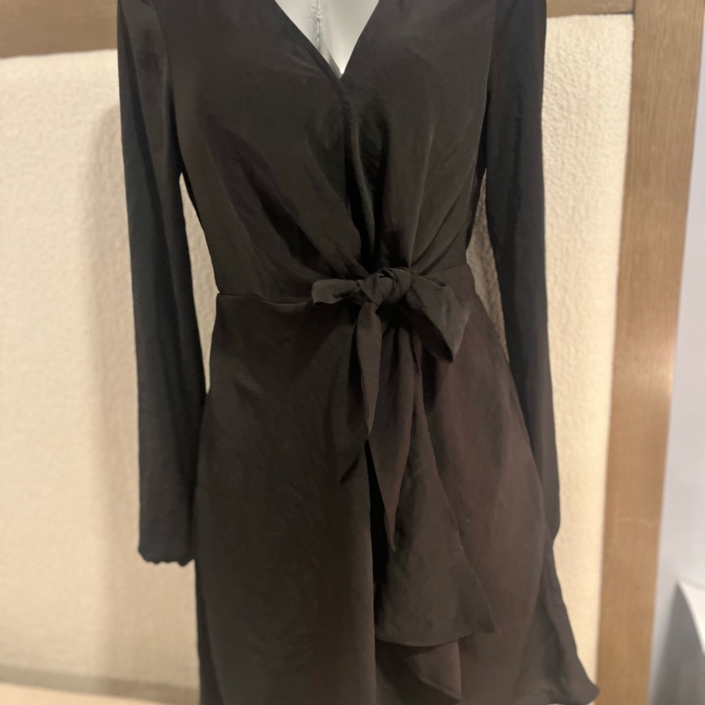Express Black Long-Sleeve Wrap Dress with Tie Waist